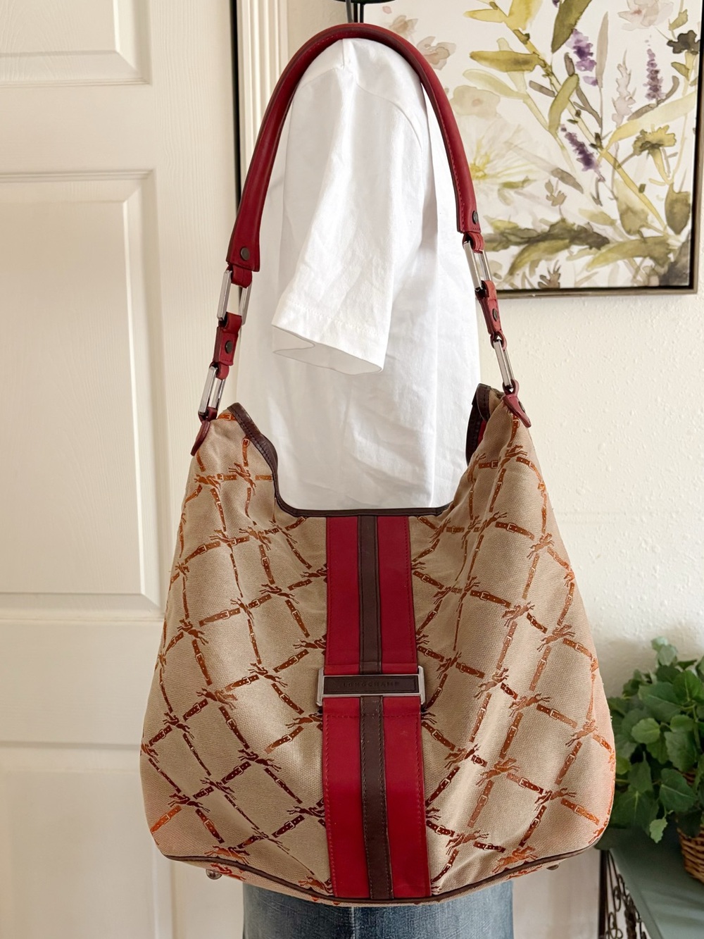 VTG Longchamp Logo Brown Canvas/Jacquard Red Leather Trim Hobo Shoulder Bag